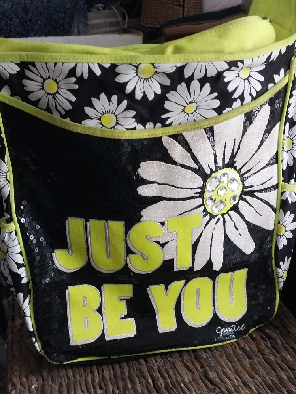 JUST BE YOU Daisy Sequin Tote Bag - Lime/Black , Justice Brand